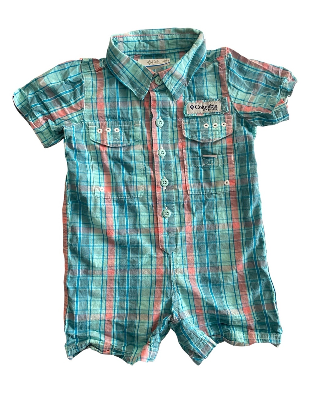 Columbia toddler plaid short-sleeve romper - teal & coral
